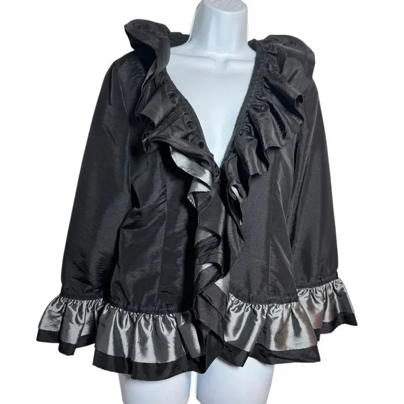 Grace Chuang ruffled evening jacket dramatic collar black & silver gray  Large - Picture 9 of 9